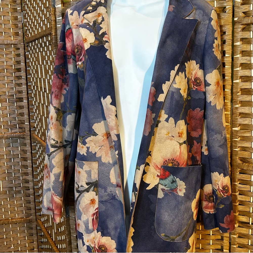 Solitaire Floral Print Blazer Jacket Blue Pink Size S Lined Boho